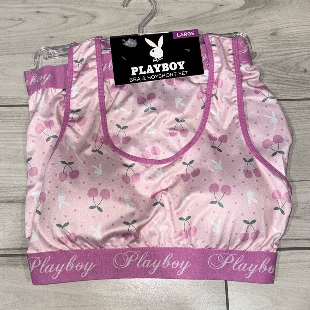 NWT Playboy purple and white plaid bra and boyshort set with bunny logos size la